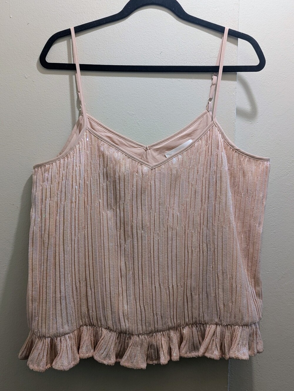 Anthropologie Amelie Sequin Shimmery Blush Pleated Ruffle Spaghetti Cami Top- 10 - Picture 4 of 14